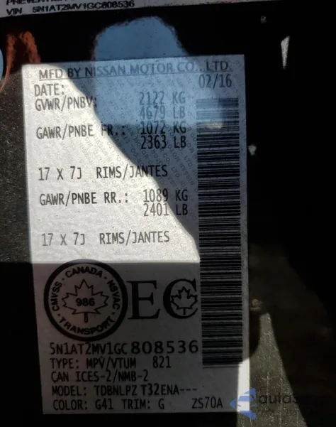 2016 Nissan Rogue S z USA, uszkodzony, nr VIN 5N1AT2MV1GC808536